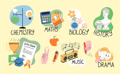 Secondary school icons vector set. Back to school stickers. Biology, Music, History lesson vector in doodle. Tape recorder with notes.