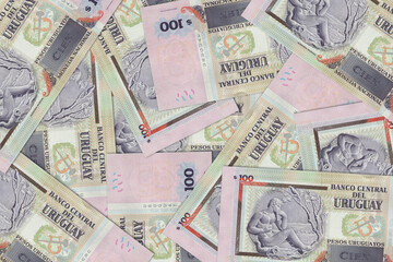 The Uruguayan currency - the Uruguayan peso. Macro view of Uruguay paper money. Close-up Uruguay money