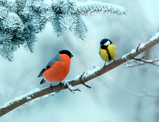 birds sneer and tit sit on a branch in a winter snow park
