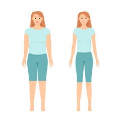 Fat and slim woman, before and after weight loss, vector illustration