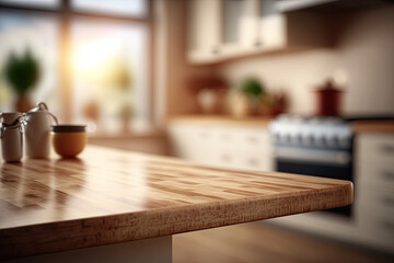 Empty wooden table top close up with kitchen background made with Generative AI technology