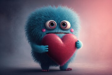 Fototapeta premium Funny monster holding a big red heart in his hands, 3d illustration
