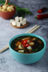 A bowl with miso soup, traditional Japanese dish