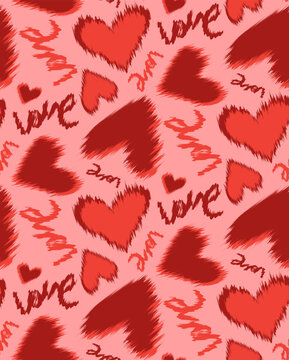 Abstract Hand Drawing Ikat Stitch Hearts and Hand Writing Love Text Seamless Vector Pattern Isolated Background