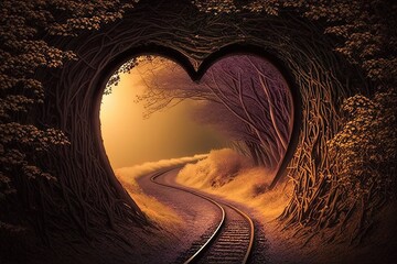 Heart shaped tunnel with railroad track in the forest.