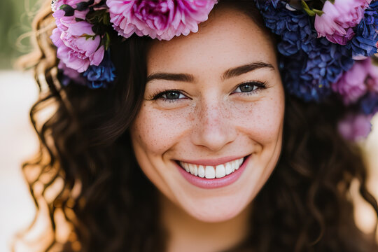 Generative AI image of smiling woman with freckles and flowers