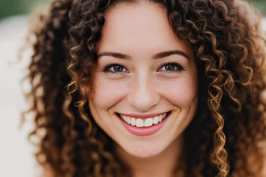 Generative AI image of cheerful curly haired woman