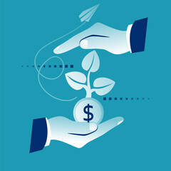 Investment growth. Money tree, coin as a symbol of growth. Coin in the hand of a businessman. Growth and development. Vector illustration flat design. Isolated on background.