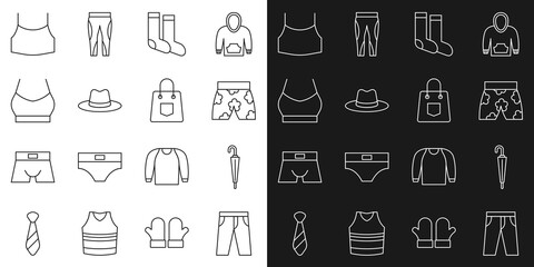 Set line Pants, Umbrella, Swimming trunks, Socks, Man hat, Female crop top, and Handbag icon. Vector