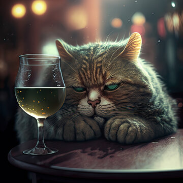 cat with a glass of wine in the bar. Generative AI image.