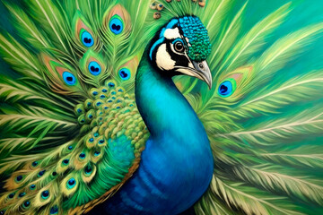 Obraz premium Digital art painting of peacock in forest. Generative AI