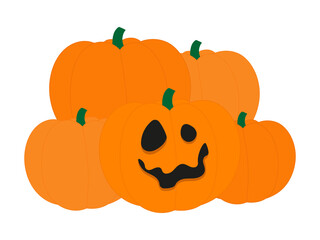 Five pumpkins, one of which with a face for halloween on a white background