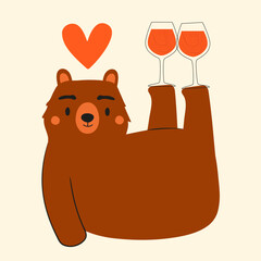 Vector illustration with funny bear, wine glasses and red heart. Romantic print design with forest animal, restaurant wall poster, menu decoration element - 569213956