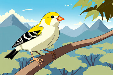 A colorful drawing of a yellow bird (American Goldfinch). Art style. Generative AI