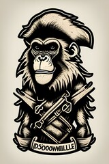 Fototapeta premium Monkey, baboon, dog-ape, ape Wild biker, pirate animal wearing bandana Hand drawn image for tattoo, emblem, badge, logo, patch, t-shirt - generative ai