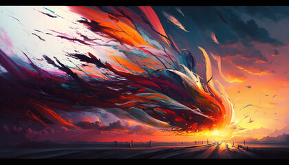 Majestic Wind. Colorful. Vibrant brush strokes. Watercolor. Sunrise. Colors. Sky. Generative AI.