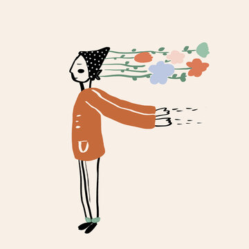 Vector illustration of woman standing against wind as letter F