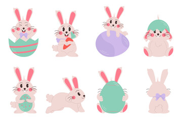 Flat easter characters bunny collection. Rabbit with egg and carrot