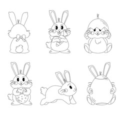 Flat easter characters bunny collection black and white outline. Rabbit with egg and carrot