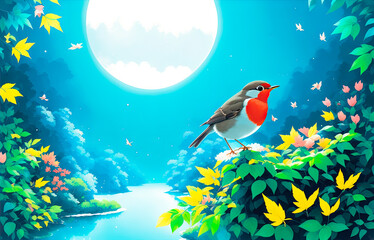 Obraz premium Beautiful European Robin (Erithacus rubecula) - Digital painting art. Generative AI