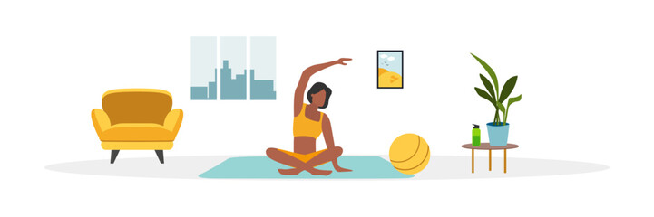 People do sports. People do sport exercises at home. Vector illustration