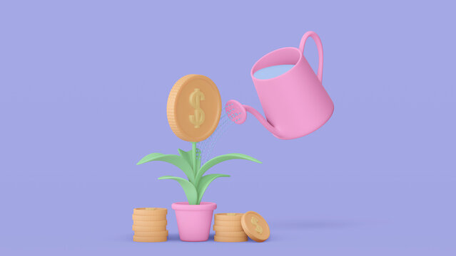 3d pot of plant with gold bitcoin coin flower on blue background. Money tree - symbol of successful business, revealing the concept of business income. 3D Rendering
