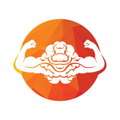 Strong brain vector logo design. Brain with strong double biceps.