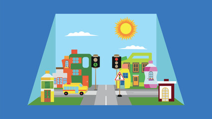 Urban intersection. Flat design vector illustration concept of city life, urban landscape.