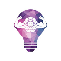 Strong brain vector logo design. Brain with strong double biceps.