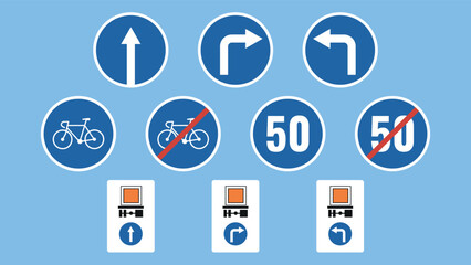 Set of Mandatory road signs. Vector illustration. Traffic signs on blue background.