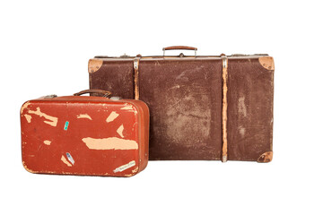 Old vintage suitcases at empty white isolated background. Two leather brown aged retro suitcase isolate for insertion in image. Travel vacation concept. Copy text space for advertising