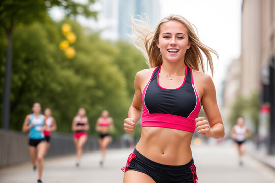 Happy slim sportswoman runs on the street in the city. Wearing training outfit. Generative Ai