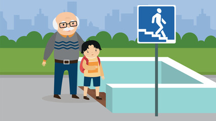 Elderly man with a child near the underpass, vector illustration