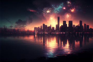 Fototapeta na wymiar Fireworks over the skyline of the city. AI generated.