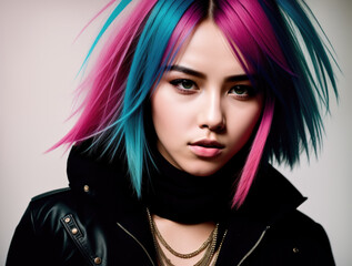 Fototapeta premium Portrait of young asian punk girl with colorful hairs wearing black punk outfit. Generative Ai