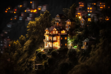 Beautiful modern architecture on the hill near river at night. Generative AI