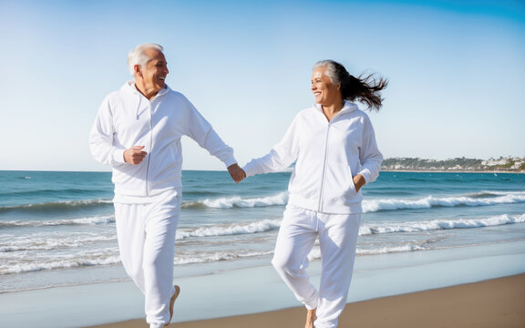 Happy senior couple walking holding hands tropical beach. Wearing in white training outfit. Generative Ai