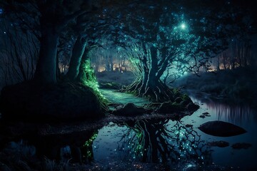 Magical glowing forest at night