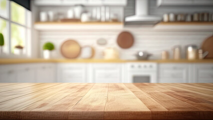 Wooden texture table top on blurred kitchen window background. Studio photo for product display or design key visual layout. For showcase or montage your items (or foods). Mock up. Generative AI - obrazy, fototapety, plakaty