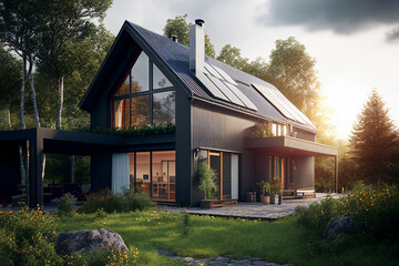 Exterior of ecologic cottage with big french windows and photovoltaics panels ,created with Generative AI technology.