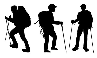 On a white backdrop, vector silhouettes of individuals hiking with backpacks.