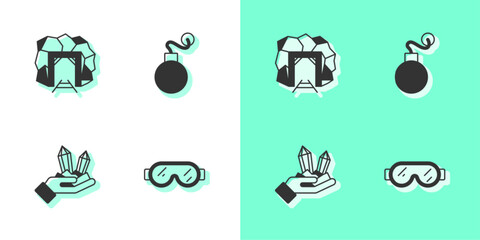 Set Safety goggle glasses, Mine entrance, Gem stone and Bomb icon. Vector