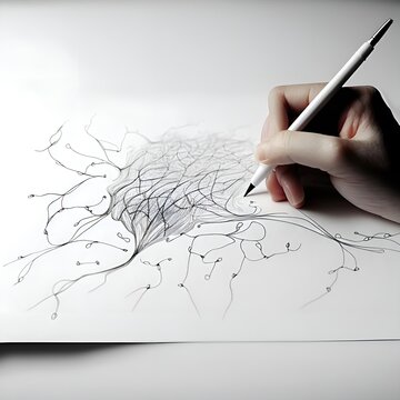 Person by hand and pencil drawing neuron lines of a brain. Black on white. Paper