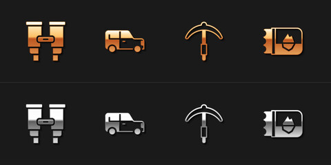 Set Binoculars, Car, Pickaxe and Ticket Iceland icon. Vector