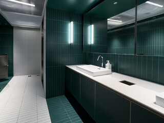 Contemporary interior of public toilet with Green tile walls