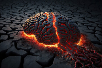 Brain in hot lava on surface with cracks
