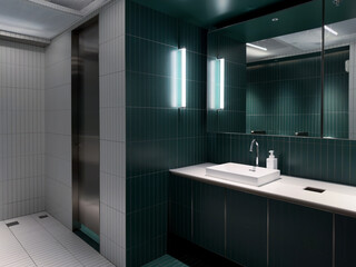 Contemporary interior of public toilet with Green tile walls