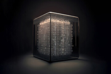 Glass cube with illuminated digital schemes