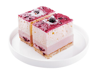 souffle cake with biscuit, birds milk on white plate