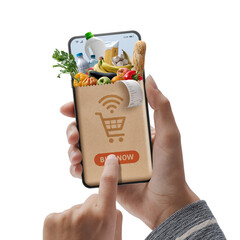 Online grocery shopping app on smartphone - obrazy, fototapety, plakaty